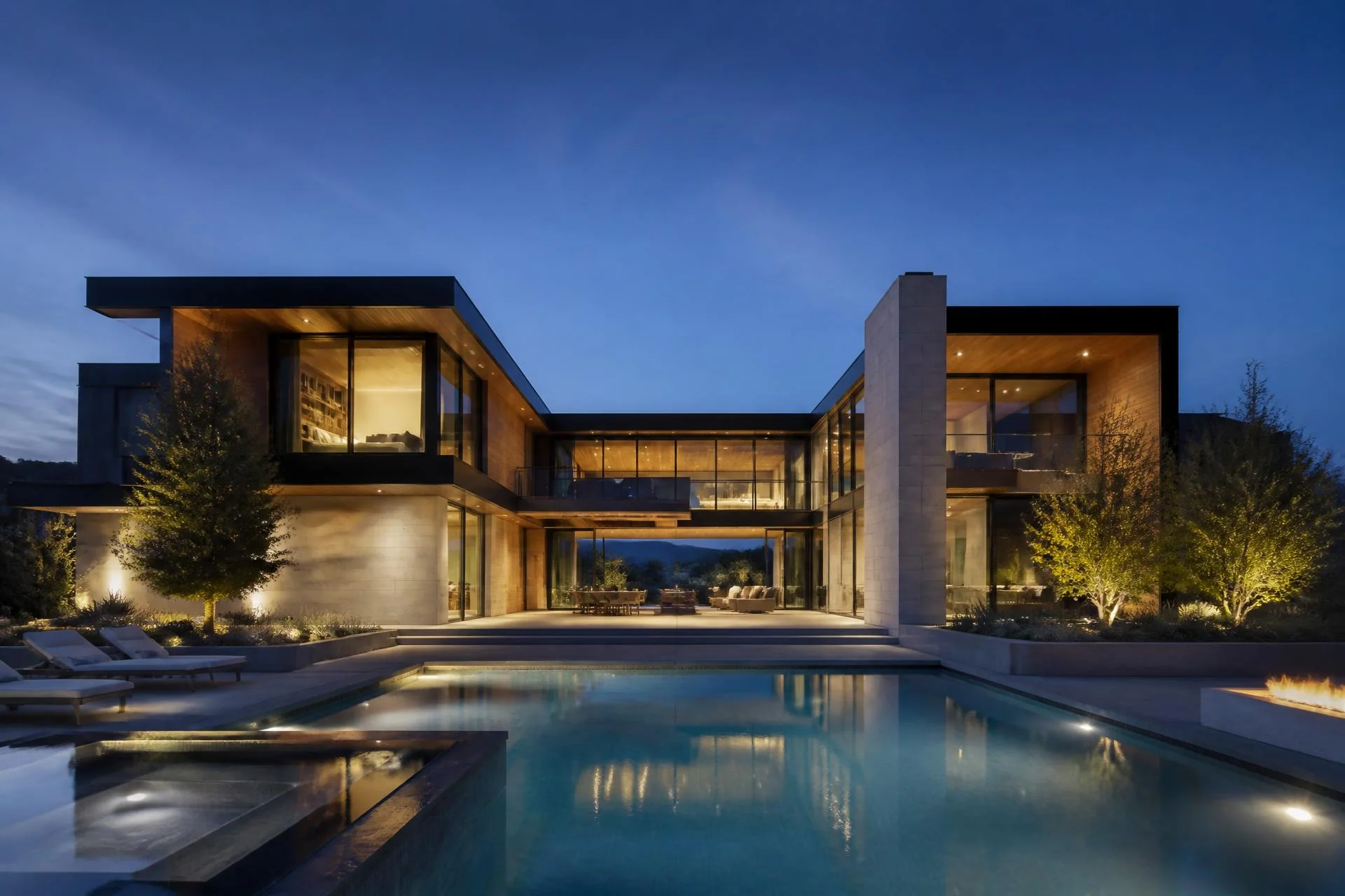 Luxury modern home and pool at dusk