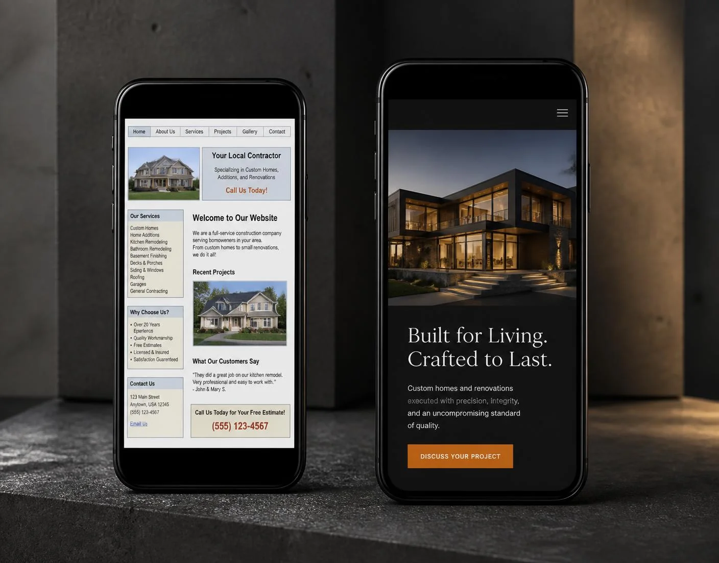 Outdated contractor website compared with a premium mobile website